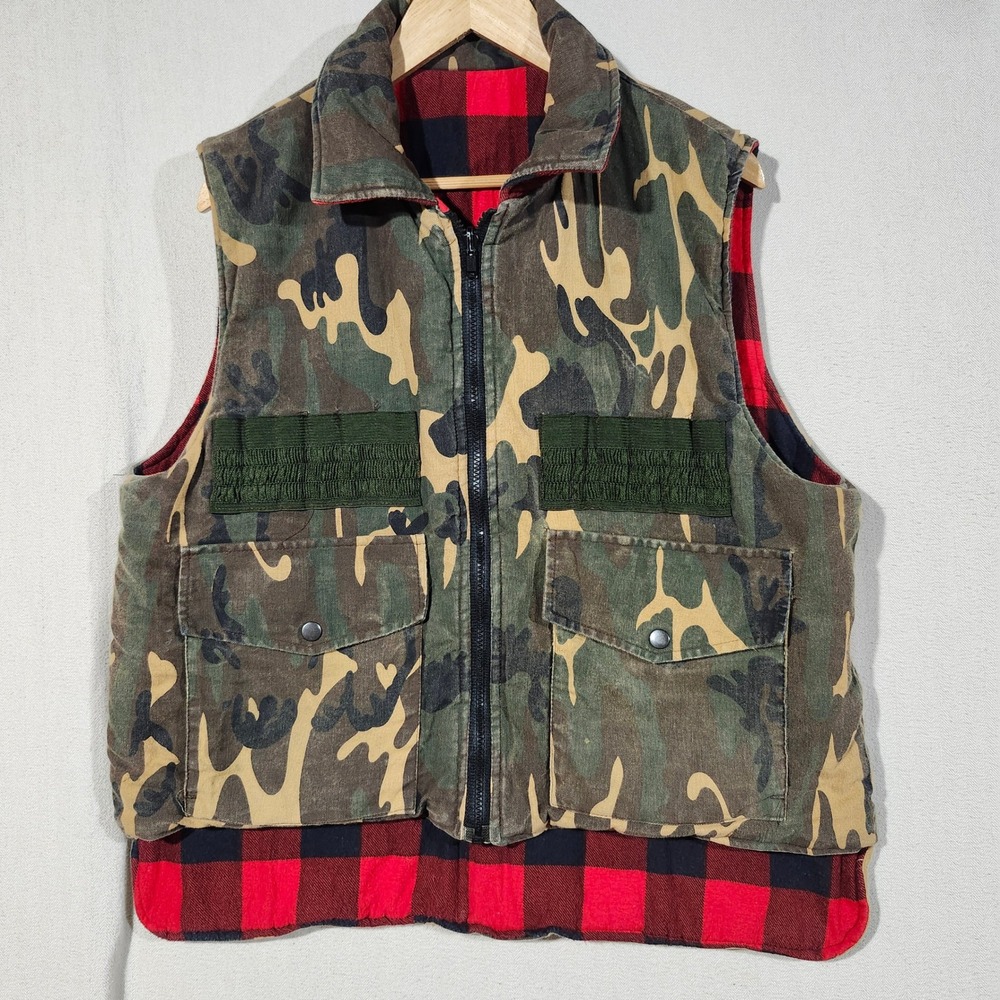 Bushmaster VTG Mens L Camo Hunting Vest Buffalo Plaid Flannel Lined Cotton Duck